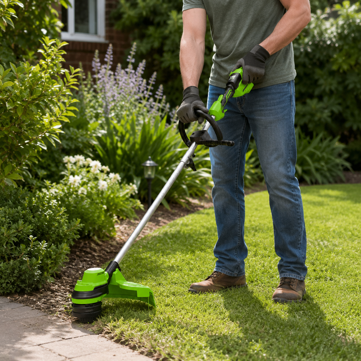 מכסחת חוט Greenworks 48V חזקה לכריכת דשא בגינה, עם ראש Bump Feed אוטומטי, 2 סוללות ומטען